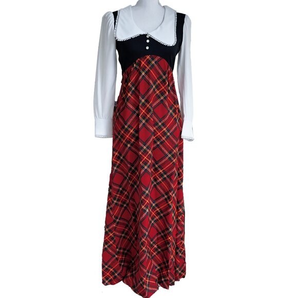 Vintage 70s Union Made Maxi Dress Bib Collar Plaid Skirt Twee Hippie Long Sleeve - Picture 1 of 9